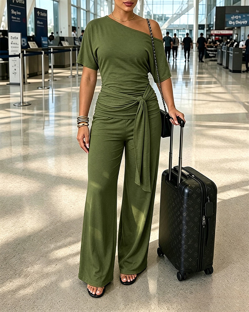Women's Skew Neck 2 Piece Outfits Ruched Tie Waist Short Sleeve Top and High Waisted Wide Leg Pants Lounge Set - Image 11