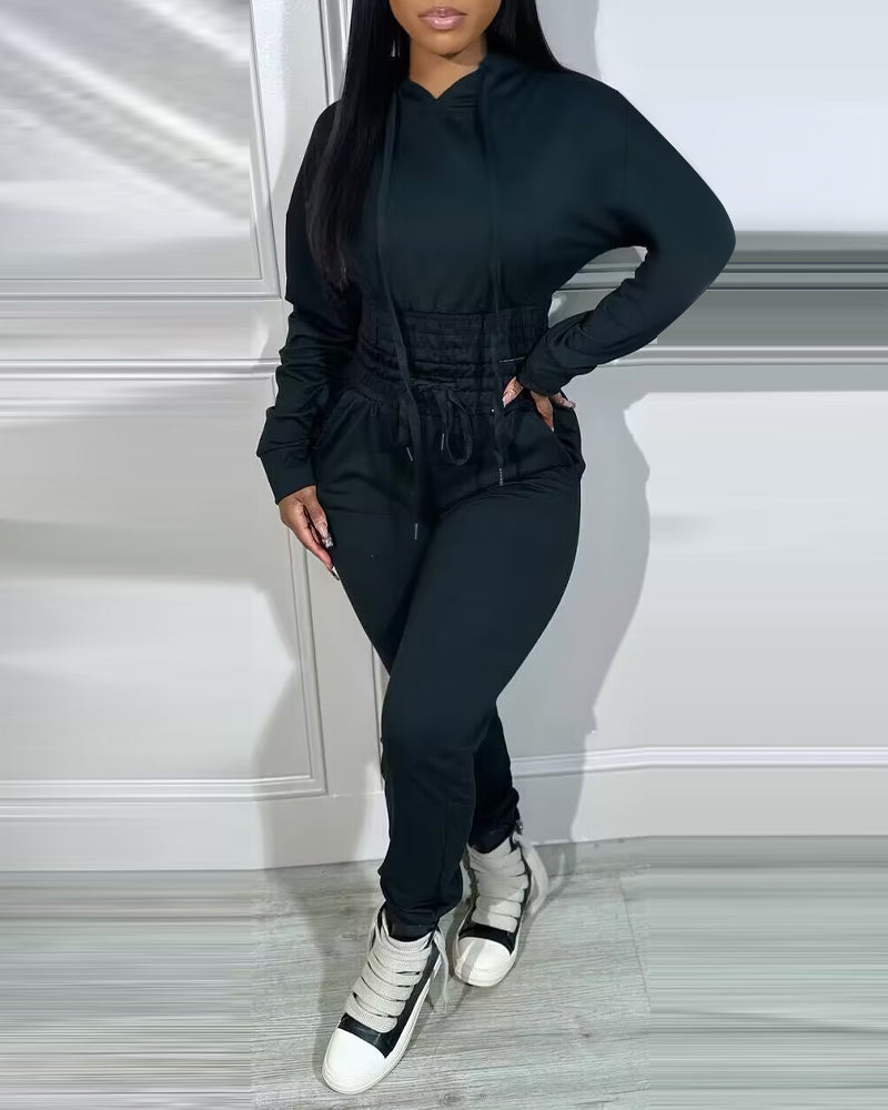 2 Pieces Outfit Drop Shoulder Kangaroo Pocket Stretchy Hem Crop Drawstring Hoodie Sweatshirt And Drawstring Elastic Waist Jogger Sweatpants Casual Tracksuit - Image 22