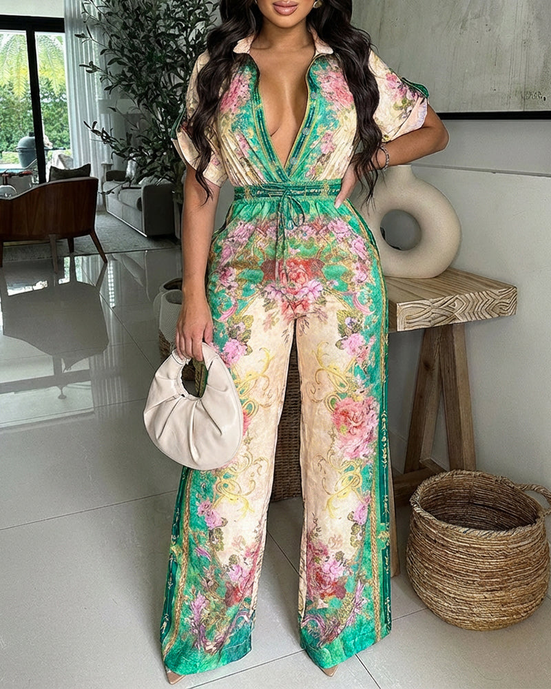 Vintage Floral Print Turn-down Collar Roll Up Sleeve Button Front Overalls Casual Drawstring Stretchy Waist Wide Leg Vacation Jumpsuit - Image 7