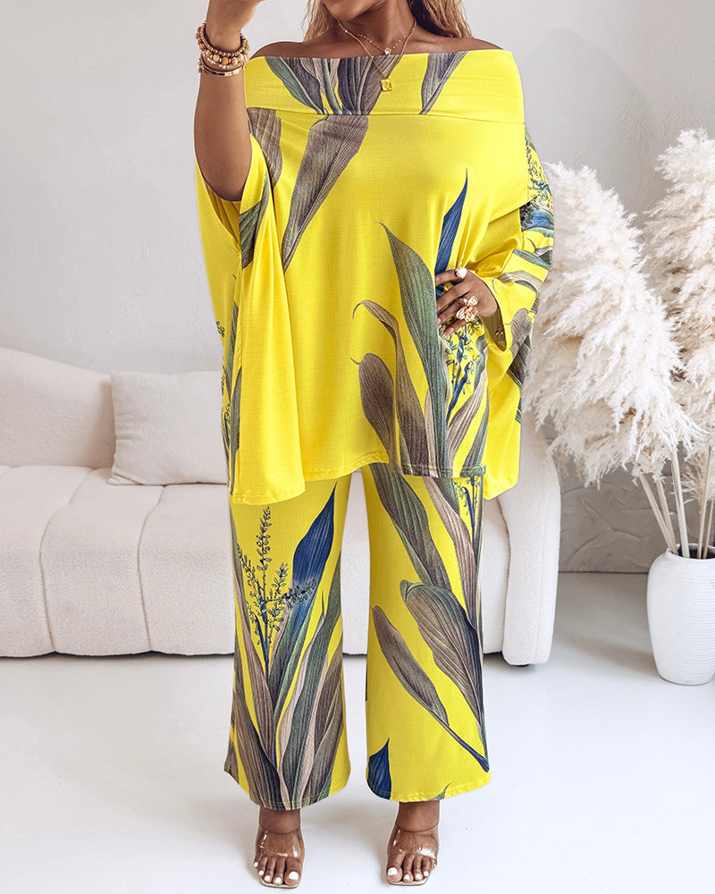 2 Pieces Outfit Plants Print Cold Shoulder Batwing Sleeve Top and Casual Wide Leg Pants Set - Image 5