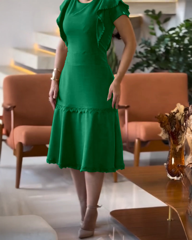 Butterfly Sleeve Hollow-out Back Shirred Dress Casual Cinched Waist Lace Trim Ruffle Hem Commuting Dress - Image 17