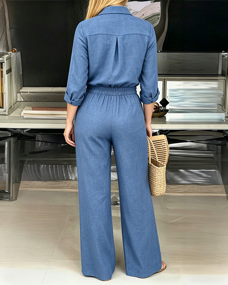 Women's 2 Piece Textured Set Button Down Shirt and Wide Leg Pants Set Casual Loose Lightweight Outfits with Pockets - Image 7