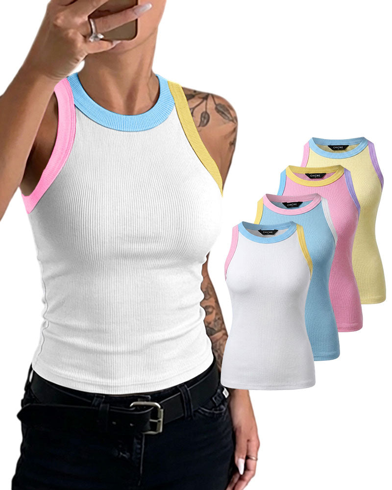 Women's Contrast Trim Ribbed Tank Top Slim Fit Sleeveless Round Neck Basic Camisole for Streetwear & Layering - Image 11