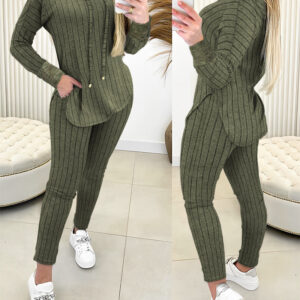 2 Pieces Outfit Drop Shoulder Lace Cuffs Asymmetrical Hem Drawstring Hoodie Top and Elastic Waist Slim Fit Pants Set Casual Brushed Ribbed Set