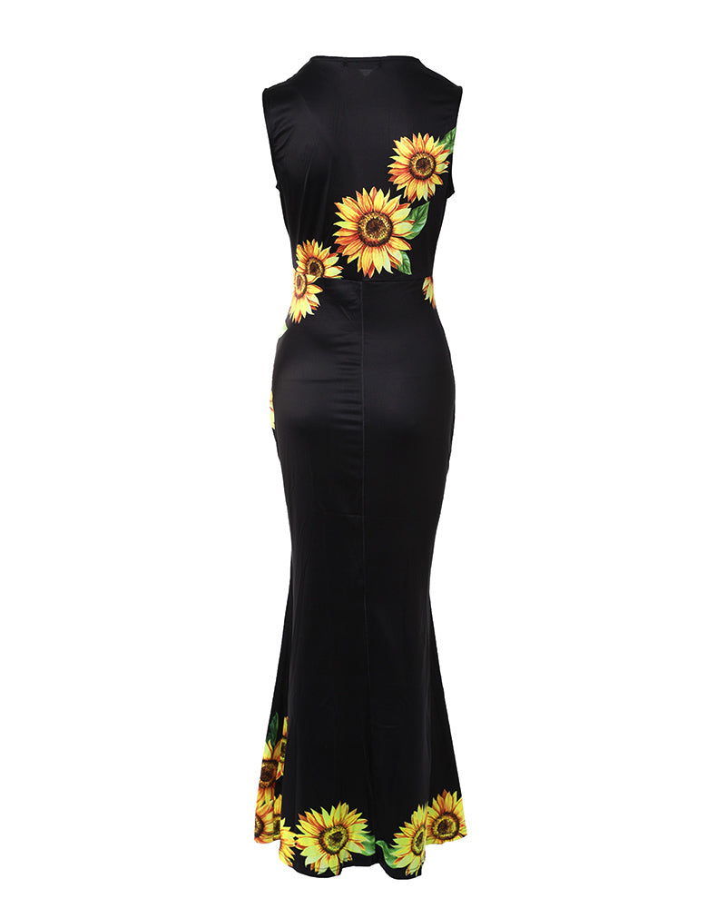 Plunge Sunflower Print High Slit Party Dress - Image 5