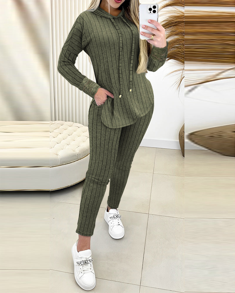 2 Pieces Outfit Drop Shoulder Lace Cuffs Asymmetrical Hem Drawstring Hoodie Top and Elastic Waist Slim Fit Pants Set Casual Brushed Ribbed Set - Image 2