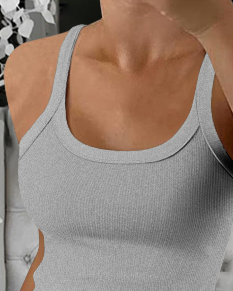 Scoop Neck Spaghetti Strap Ribbed Top Casual Sleeveless Slim Fit Tank - Image 22