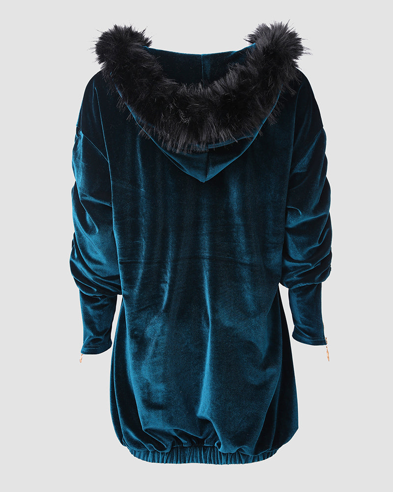 Velvet Fuzzy Trim Hooded Mini Dress Long Sleeve Zipper Design Sweatshirt Pullover Casual Dress - Image 5