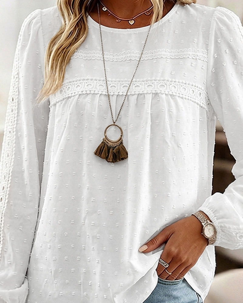 Women's Hollow-Out Lace Spliced Lantern Sleeve Top Elegant 3D Jacquard Chiffon Blouse for Work and Daily Wear - Image 6