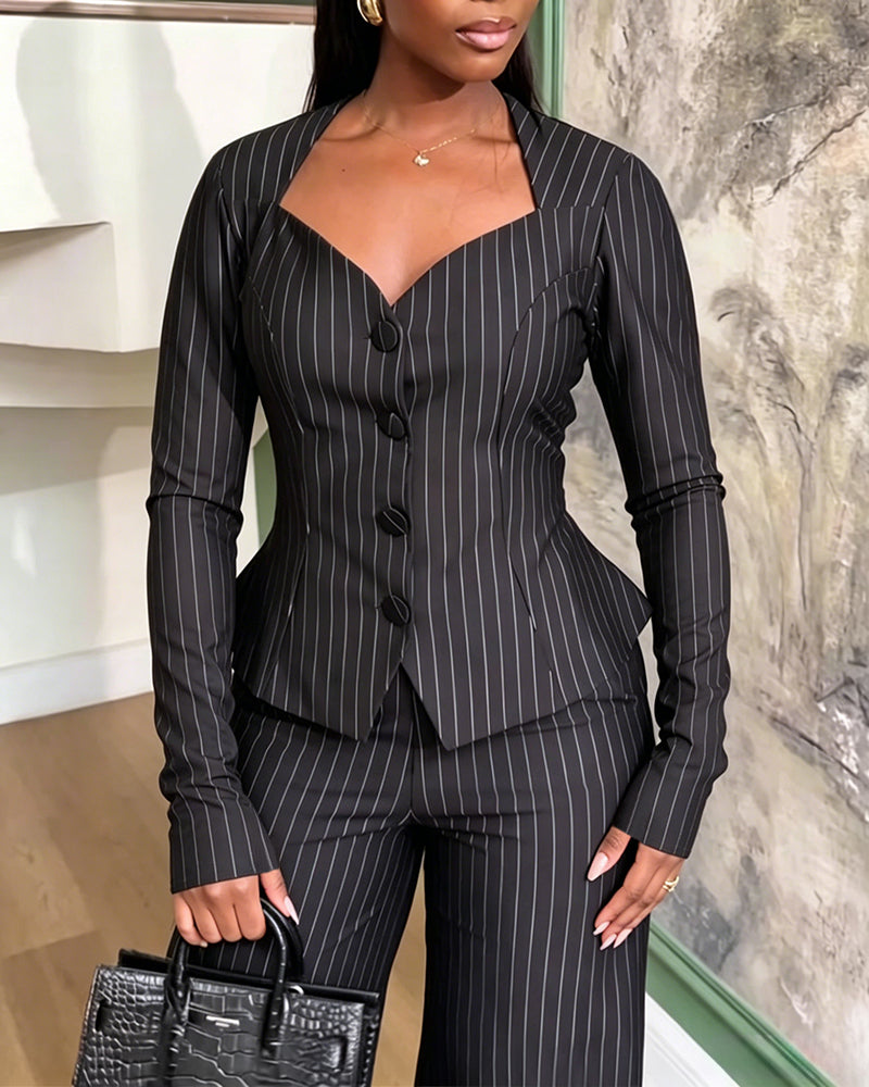 Women's 2 Piece Stripe Suit Elegant Sweetheart Neck Peplum Blazer and High Waisted Wide Leg Pants Business Outfits - Image 6