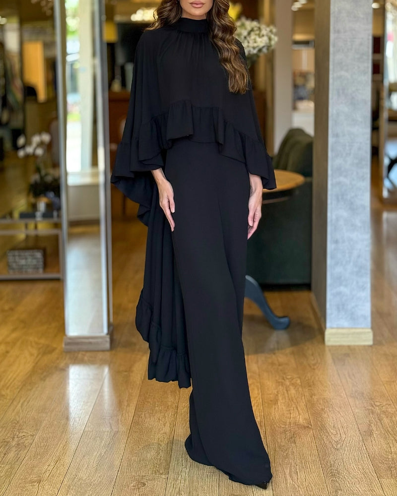 2 Pieces Outfit High Neck Hollow-out Back Ruffles High-Low Hem Cape and Casual Elastic Back Waist Wide Leg Pants Set - Image 4