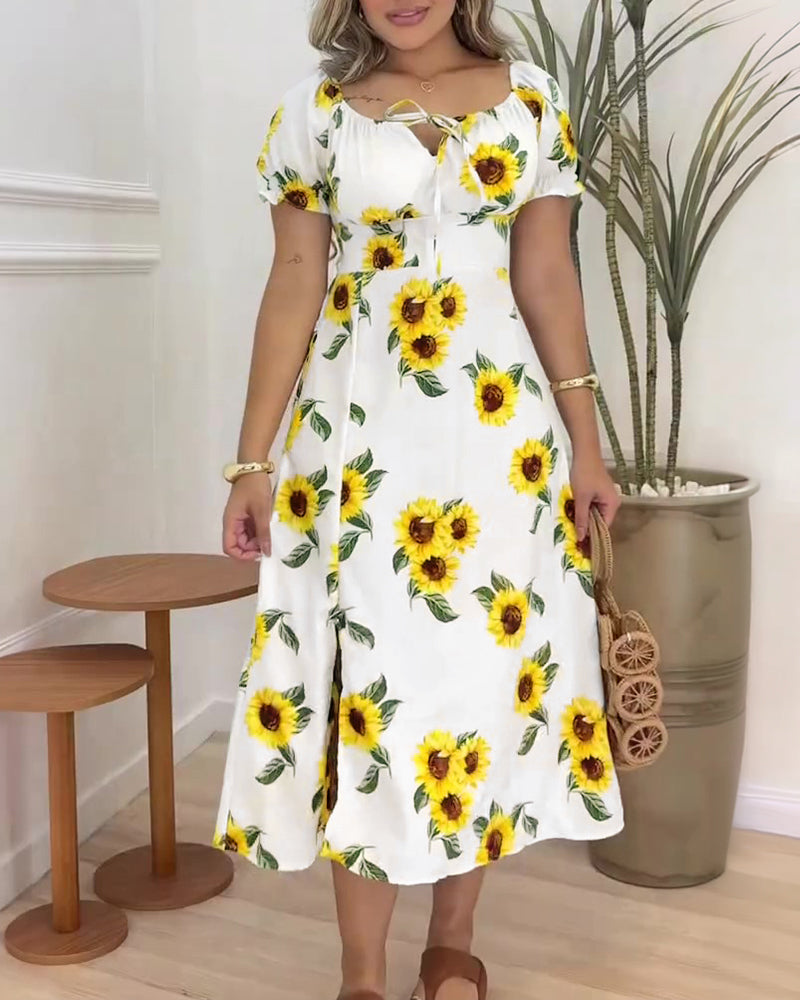 Women's Sunflower Print Midi Dress Puff Sleeve Tie Neck Sundress Shirred Back Slit A-Line Vacation Dress with Lining - Image 2