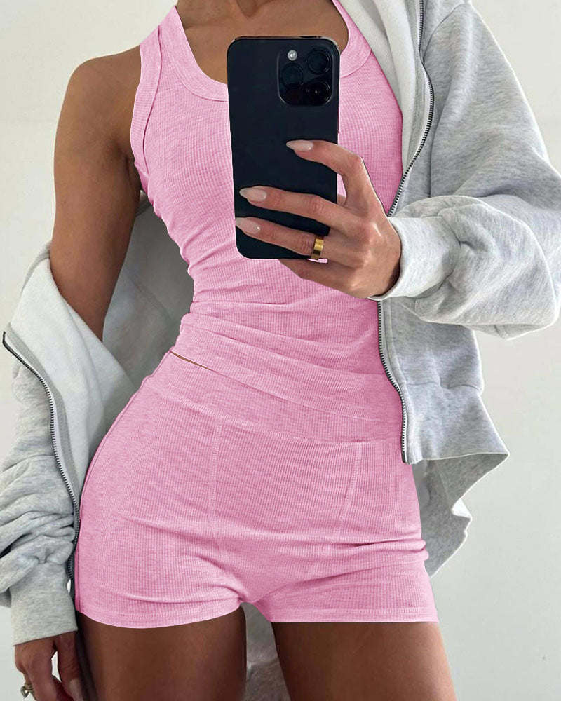 2PCS Micro-Ribbed U-Neck Tank Top & Boxer Set Cozy Loungewear - Image 19