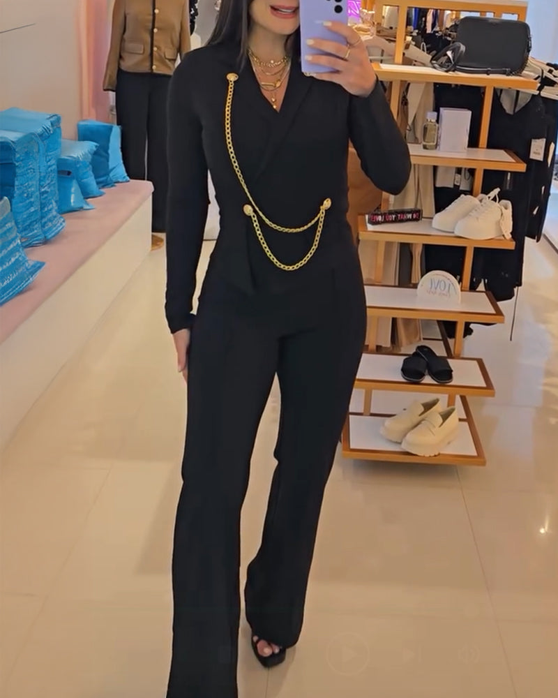 Chain & Button Decor Notched Collar Overlap V-Neck Slit Spliced Overalls Casual High Waist Seam Front Zipper Back Jumpsuit - Image 4