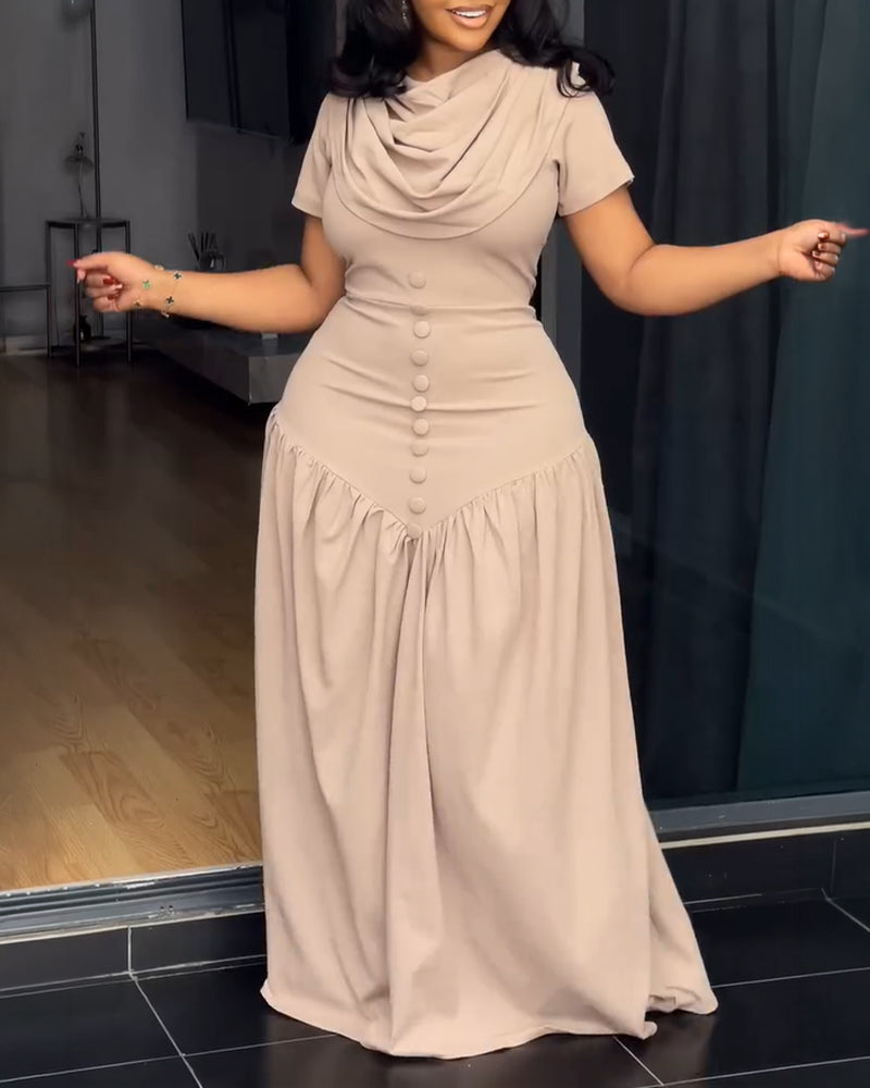Single Breasted Decor Cowl Neck Short Sleeve Cinched Waist Maxi Dress Elegant Zipper Back Ruched Party Dress - Image 3