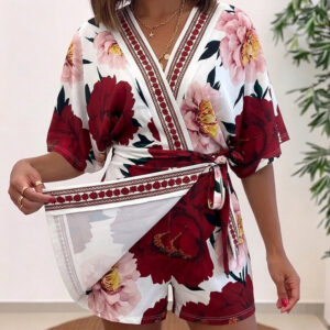 Women's Bohemian Floral Print V-Neck Romper Batwing Sleeve Wrap Knot Side High Waist Short Jumpsuit