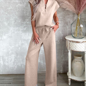 Women's 2 Piece Set Half Zip Cap Sleeve Top and Drawstring Straight Leg Pants Casual Loungewear
