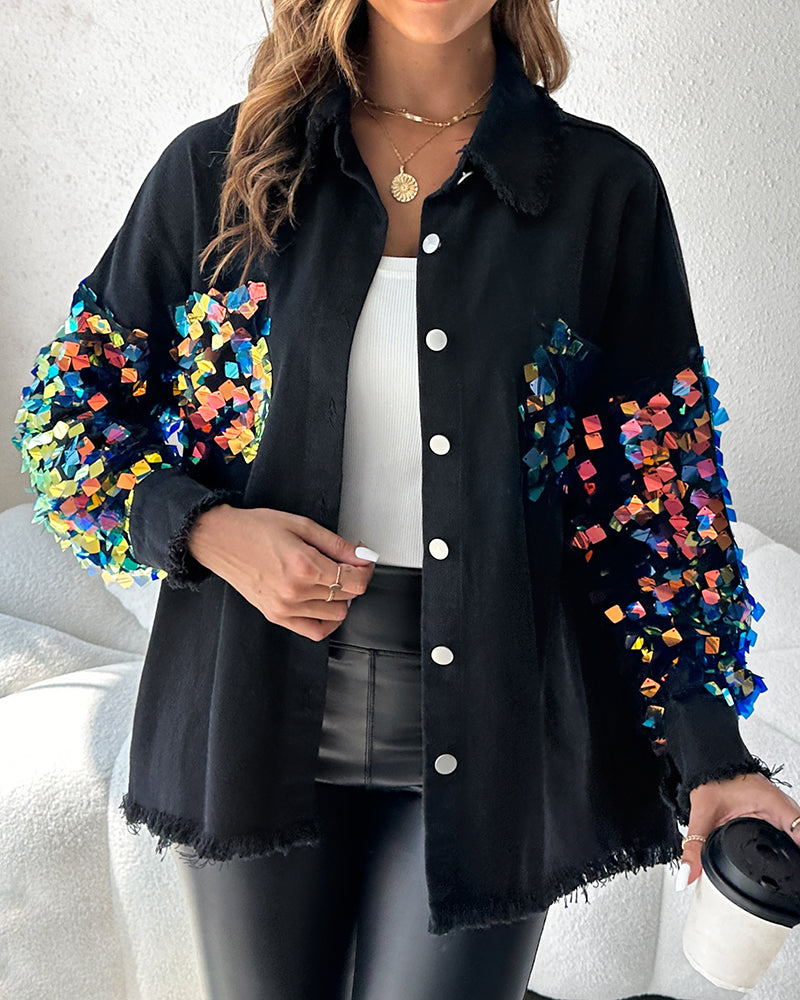 Contrast Sequin Long Sleeve Jacket Top Button Front Raw Hem Loose Fit Shacket - Image 22