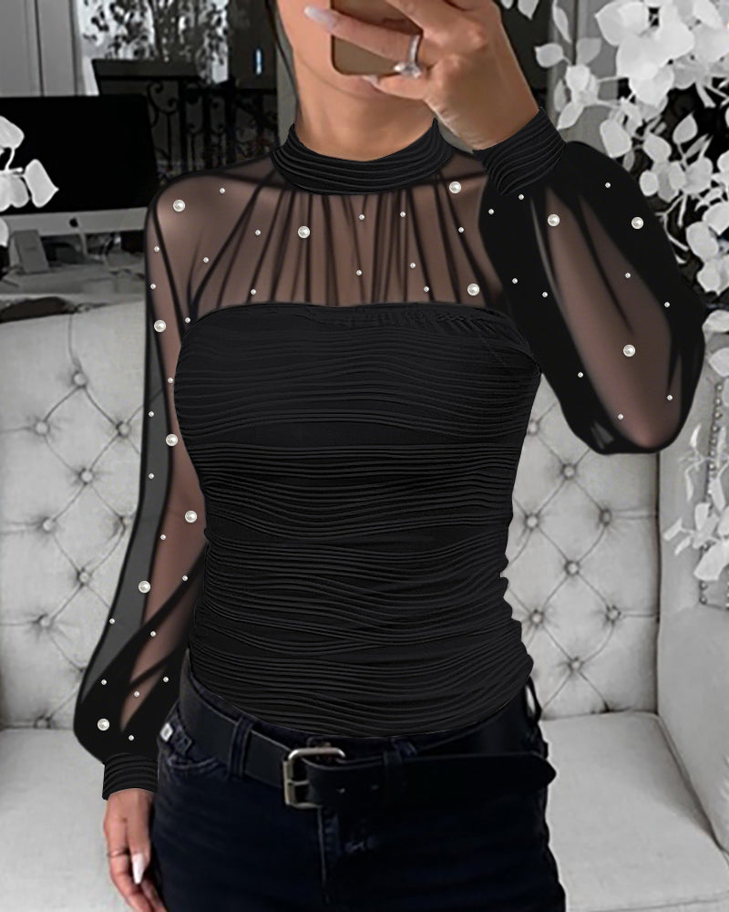 Pearls Decor Mock Neck Sheer Mesh Spliced Ruched Tee Hollow-out Back Slim Fit Textured Top - Image 11