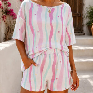 Women's 2 Piece Stripe Heart Star Pajamas Set Convertible Shoulder Loose Half Sleeve Top and Shorts Set Casual Loungewear
