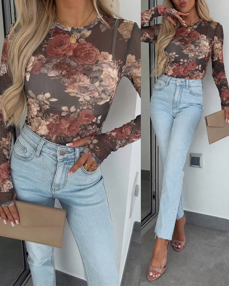 Women's Vintage Floral Print Sheer Mesh Top Long Sleeve Slim Fit Crewneck Layering Top with Thumb Hole Cuffs - Image 7