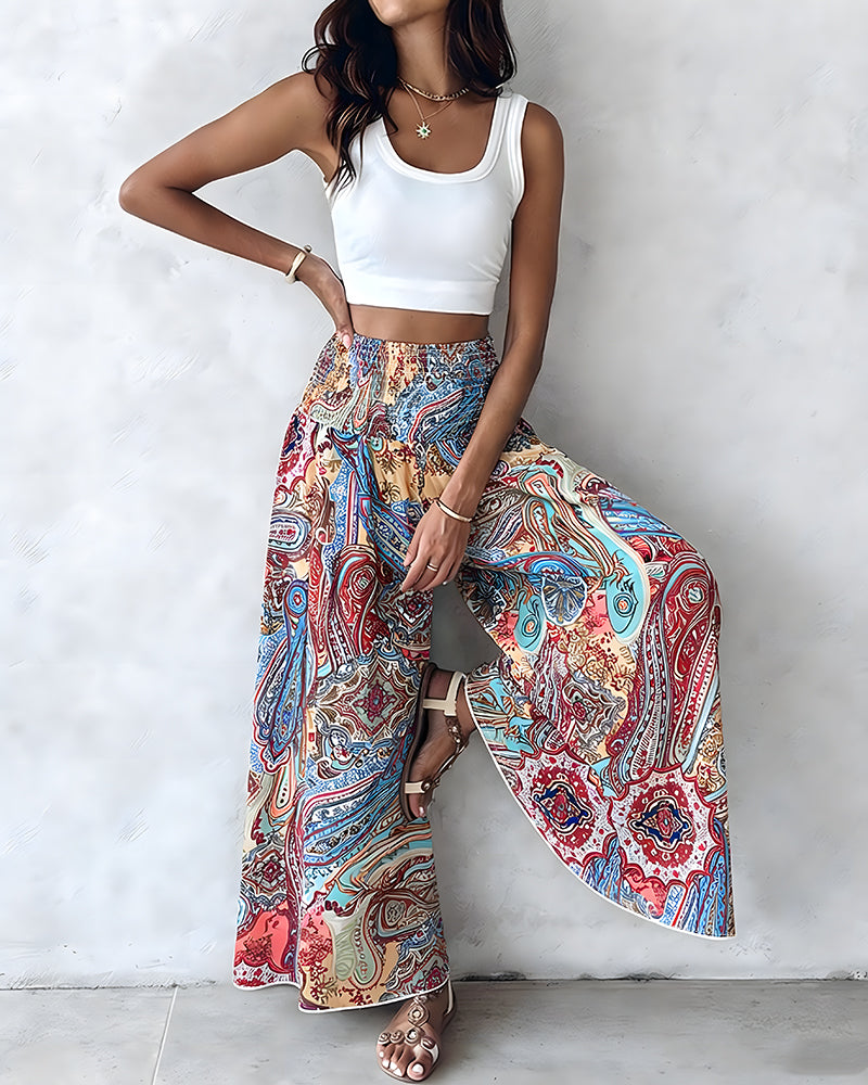 CHICME Women's Vintage Print Wide Leg Pants High Waisted Shirred Waist A-Line Trousers Flowy Boho Vacation Palazzo Pants - Image 4