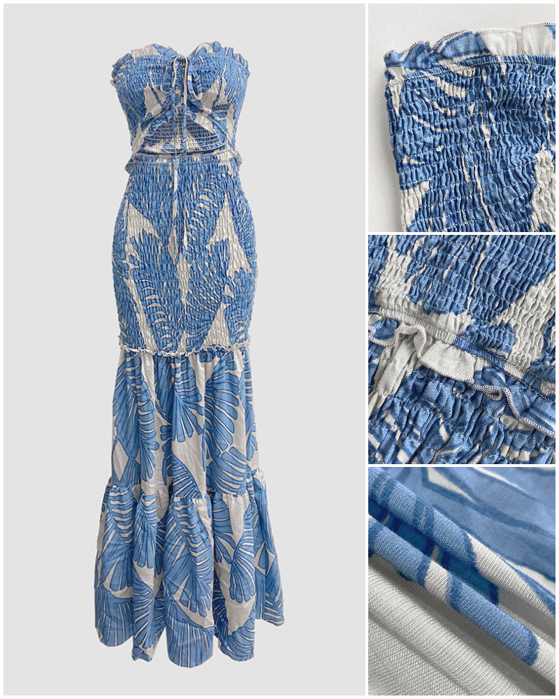 Tropical Print Halter Tie Shirred Frill Trim Cinched Waist Vacation Dress Ruched Cutout Front Slim Fit Ruffle Hem Mermaid Dress - Image 6
