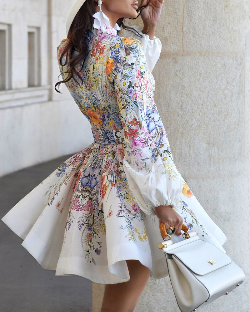 French Style Floral Print Stand Collar Lantern Sleeve Mixed-shape Button Down Dress Elegant Palace Style Cinched Waist Umbrella Hem Dress with Belt - Image 2