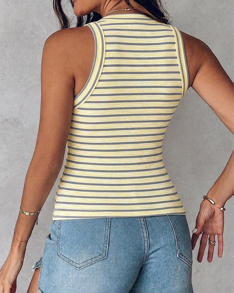 Women's Striped Racerback Tank Top Slim Fit Ribbed Sleeveless Top with Built in Bra - Image 15