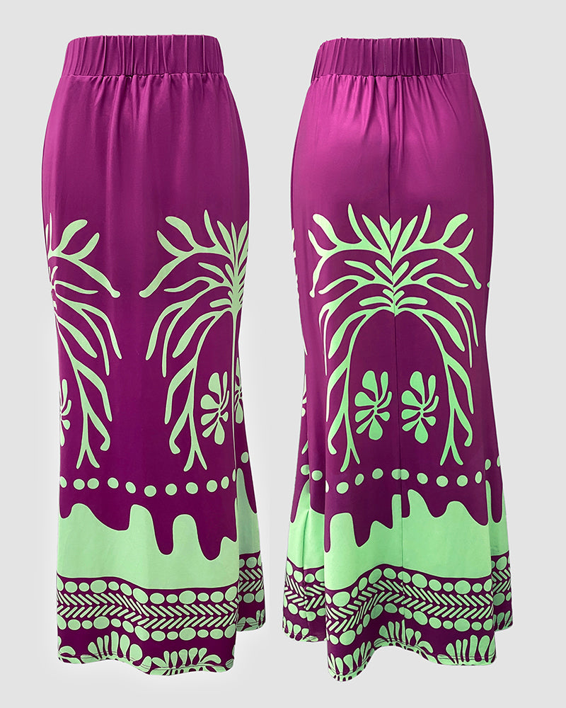 2 Pieces Outfit Skew Neck Lantern Sleeve Loose Fit Top and High Waist Elastic Waist Fishtail Maxi Skirt Set Casual Tropical Print Vacation Set - Image 6