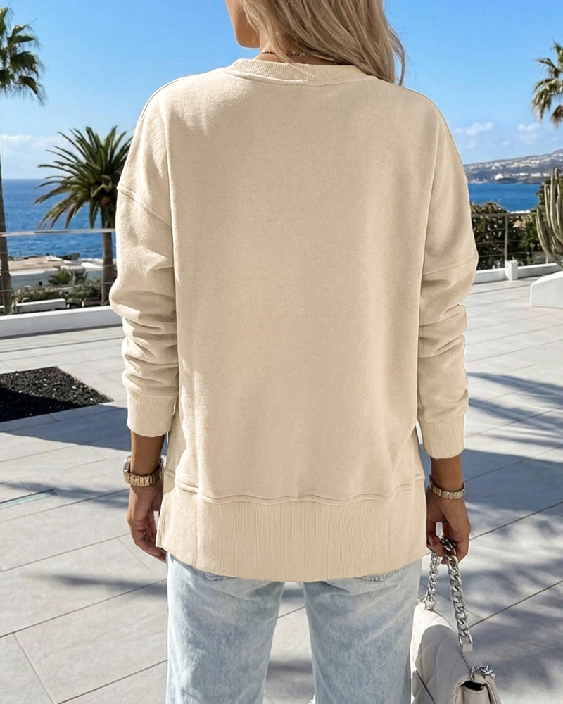 Women's Loose Crewneck Sweatshirt Embossed Letter Print Pullover Top Casual Side Slit Top - Image 2