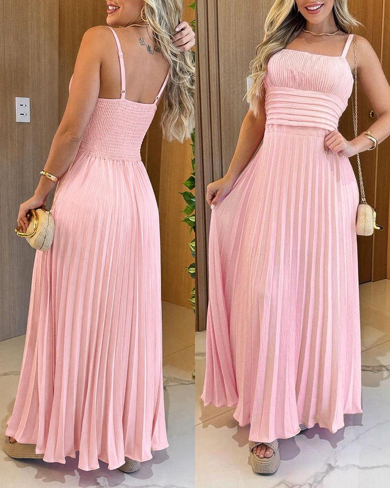 French Style Square Neck Adjustable Straps Backless Cami Maxi Dress Casual Cinched Waist Shirred Back Pleated Vacation Dress - Image 5
