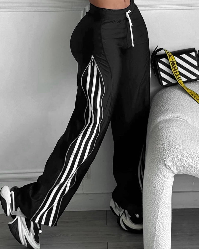 Contrast Side Striped & Zipper Slit Side Drawstring Elastic Waist Trousers Casual Wide Leg Pants - Image 9