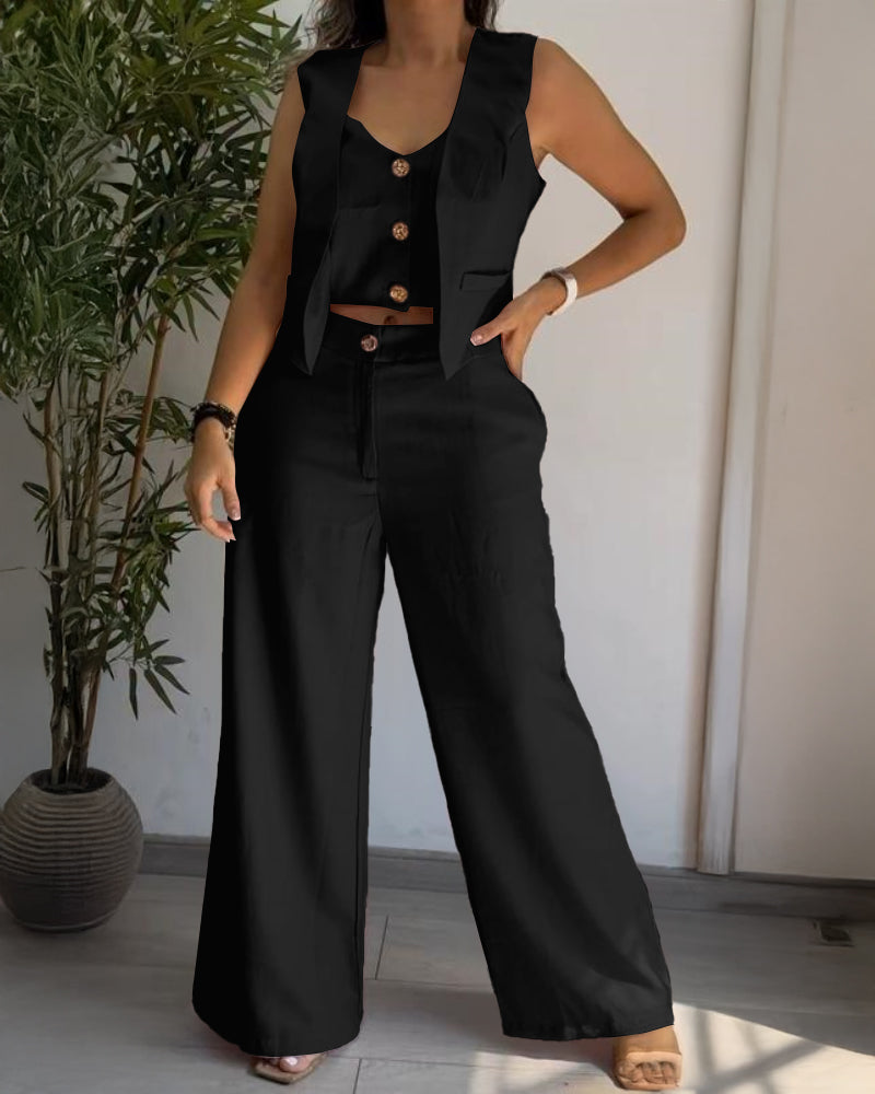 Women's Two Piece Outfits Faux Two Piece Sleeveless Crop Top and High Waisted Wide Leg Pants Elegant Matching Suit - Image 13