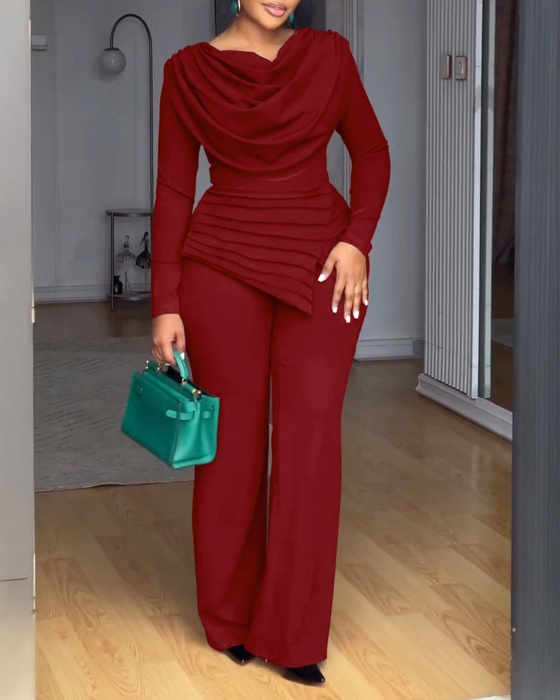 Cowl Neck Asymmetrical Textured Patchwork Cinched Waist Jumpsuit Casual Zipper Back Wide Leg Jumpsuit - Image 25