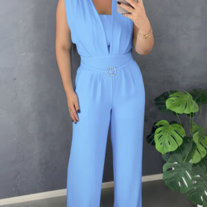 V Neck Lace-Up Waist Meatl Buckle Jumpsuit Casual Shirred Wide Leg Romper