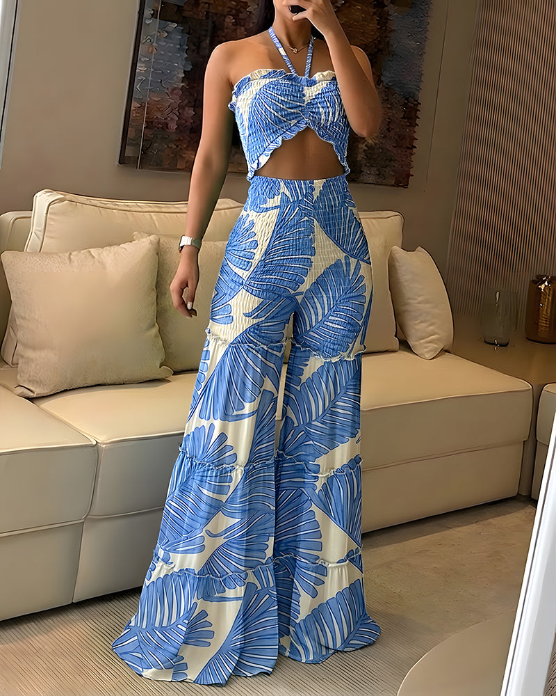 Women's Palm Leaf Print 2 Piece Set Convertible Halter Tie Top and Ruffle Wide Leg Pants Casual Vacation Set - Image 3
