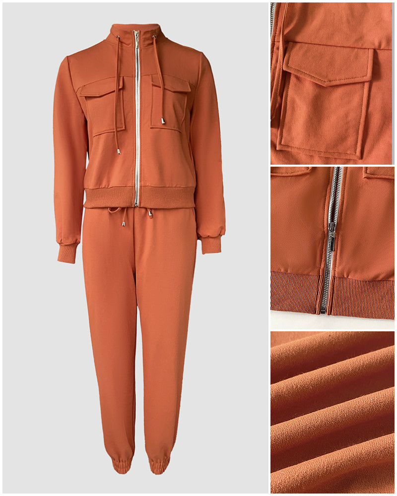 Stand Collar Long Sleeve Pocket Dec Zipper Top and Casual Elastic Waist Drawstring Pants Sets - Image 4
