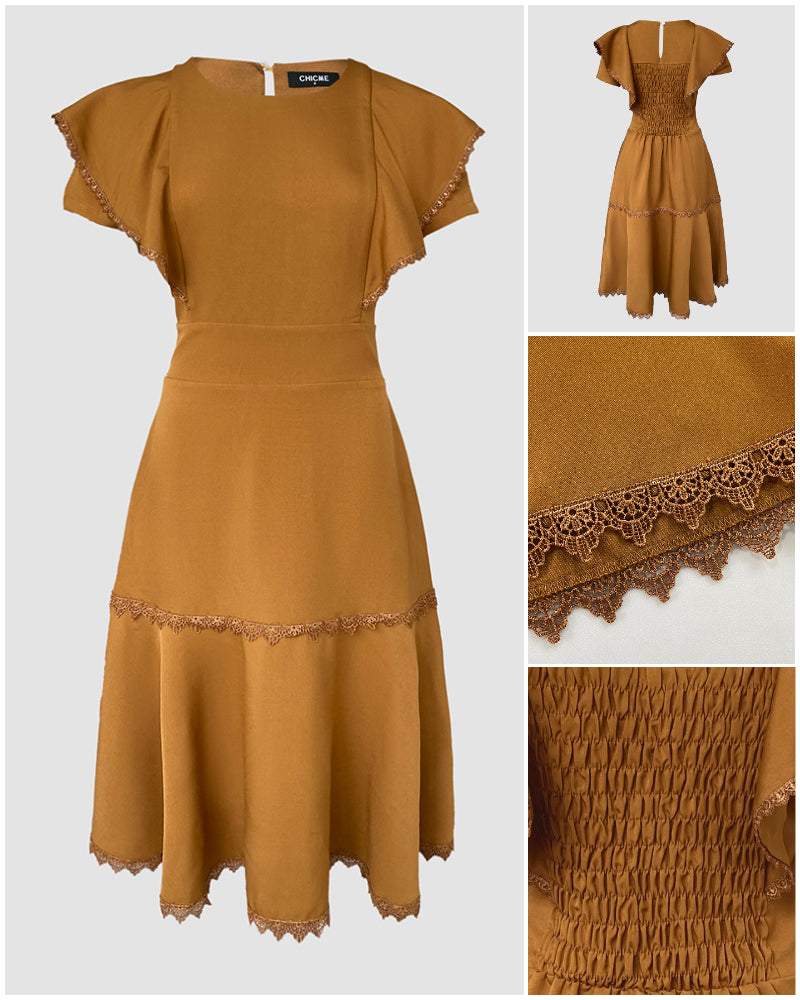Butterfly Sleeve Hollow-out Back Shirred Dress Casual Cinched Waist Lace Trim Ruffle Hem Commuting Dress - Image 7