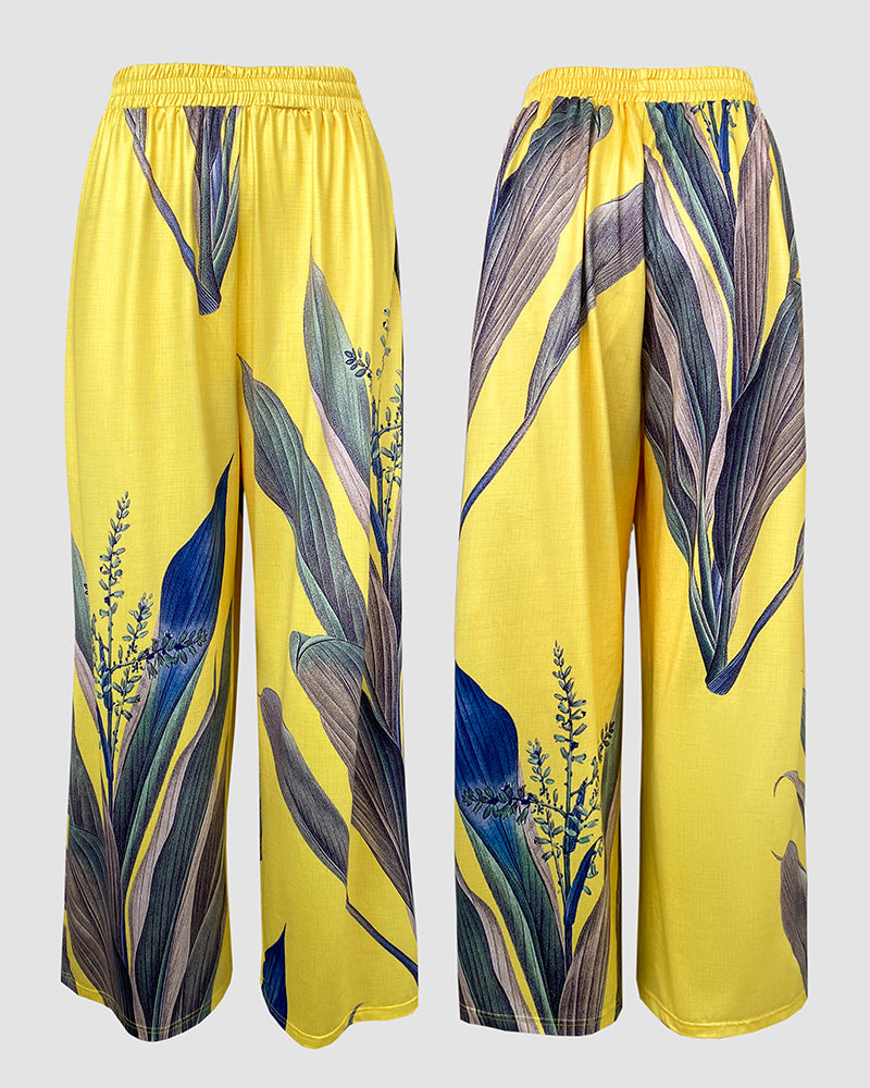2 Pieces Outfit Plants Print Cold Shoulder Batwing Sleeve Top and Casual Wide Leg Pants Set - Image 12