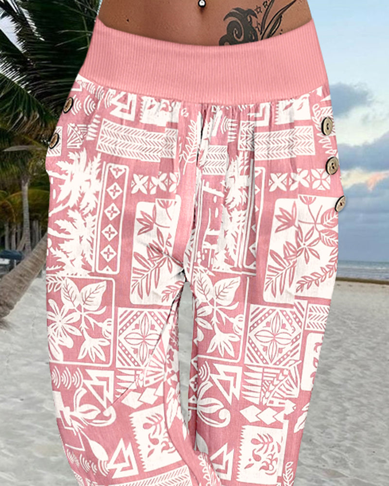 Plants Print Low Waist Wooden Button Decor Capris Pants Vacation Pants with Pockets - Image 3