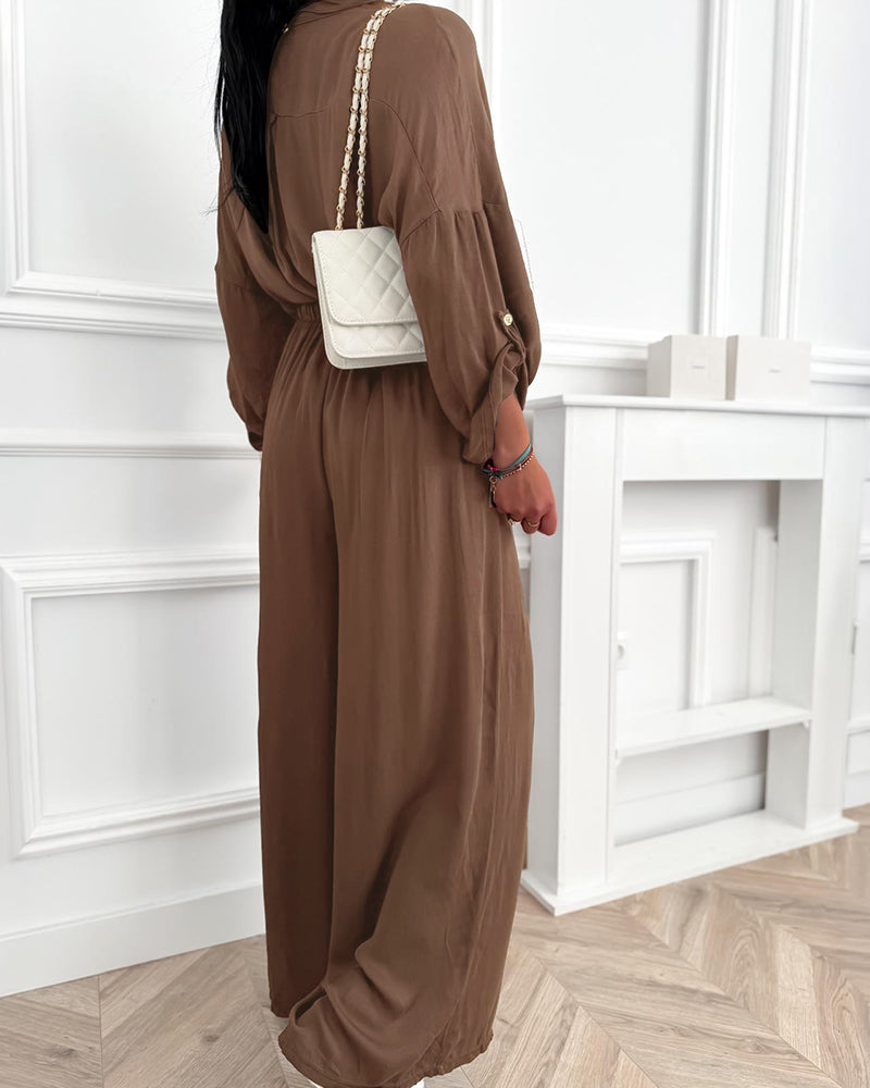 Women's 2 Piece Lounge Set Loose Roll Up Sleeve Button Down Shirt and High Waisted Wide Leg Pants Casual Outfits - Image 4