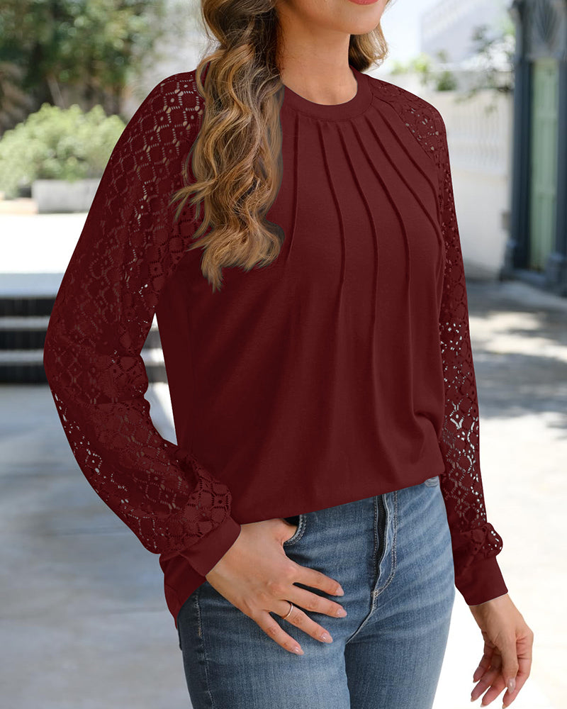 Contrast Lace Round Neck Lantern Sleeve Ruched Blouse Elegant Shirt - Image 4