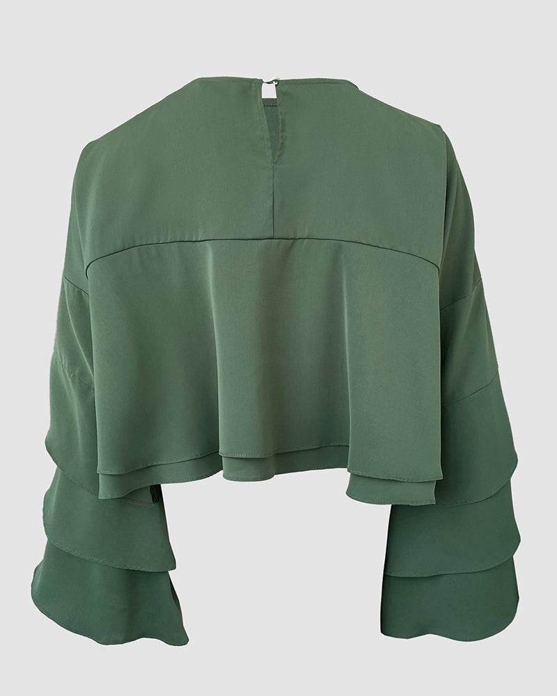 Round Neck Bell Sleeve Crop Top Casual Loose Fit Layered Blouse - Image 9