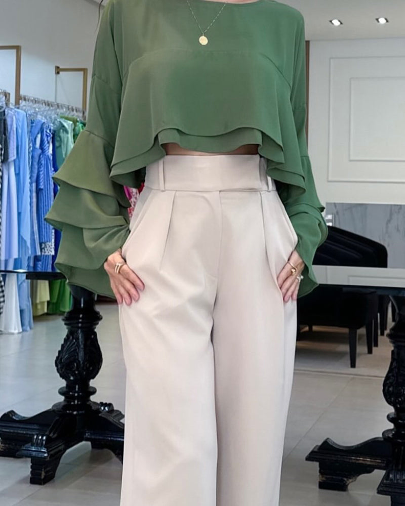 Round Neck Bell Sleeve Crop Top Casual Loose Fit Layered Blouse - Image 6