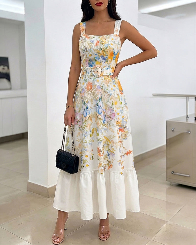 Women's Floral Maxi Dress Square Neck Sleeveless Ruffle Hem Sundress Backless Shirred Summer Vacation Dress with Belt - Image 4