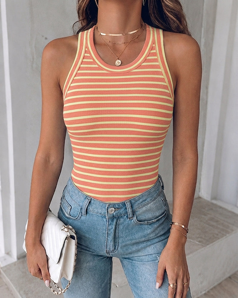 Women's Striped Racerback Tank Top Slim Fit Ribbed Sleeveless Top with Built in Bra - Image 19
