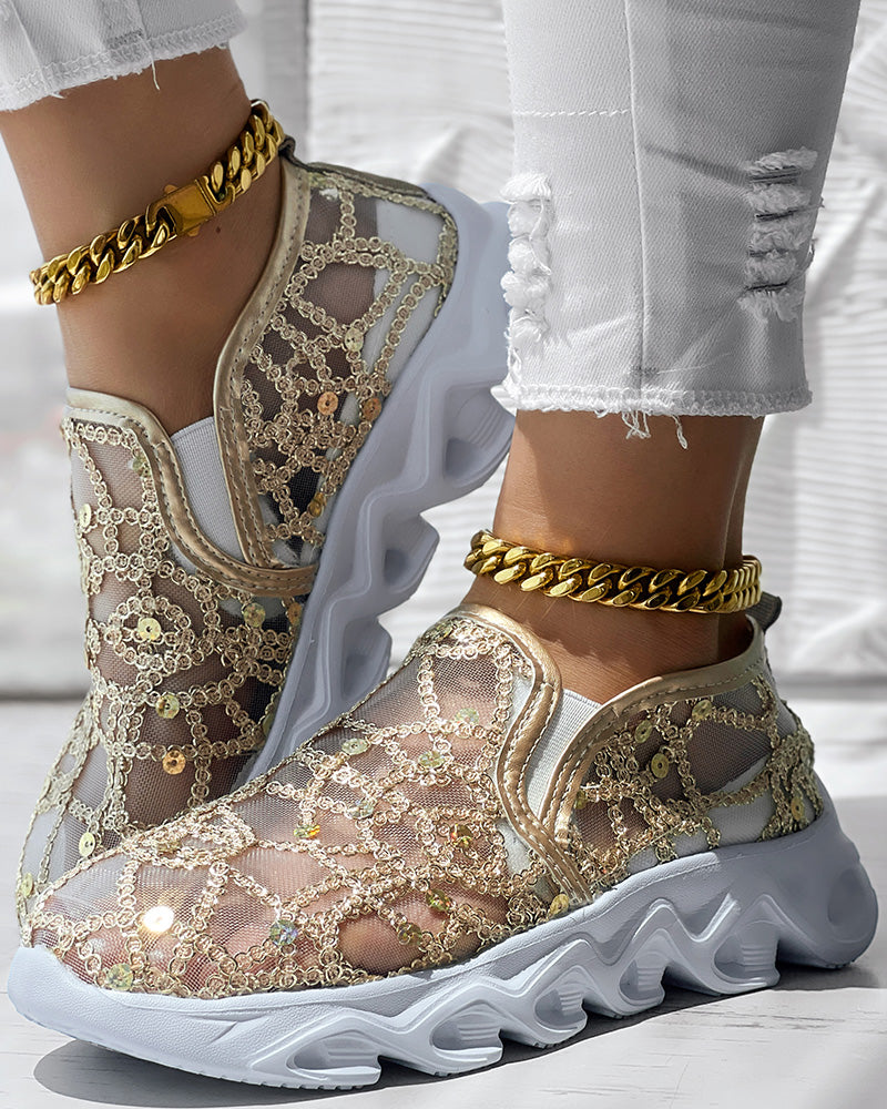Contrast Sequin Sheer Mesh Patch Breathable Sneakers - Image 5