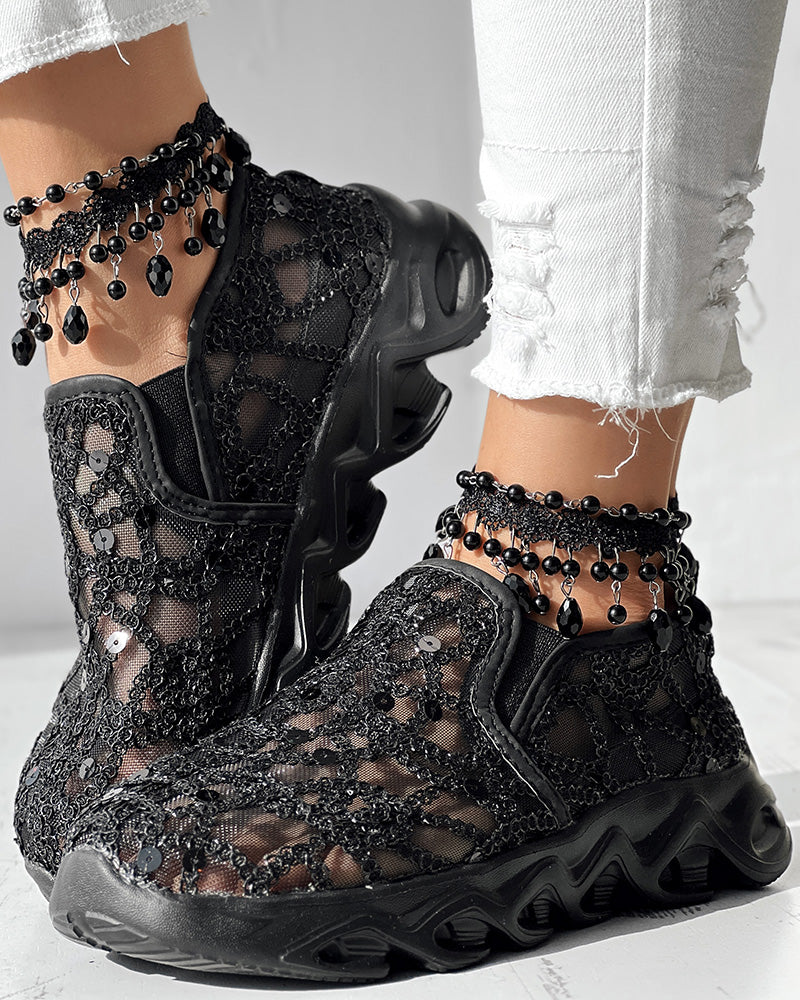 Contrast Sequin Sheer Mesh Patch Breathable Sneakers - Image 17