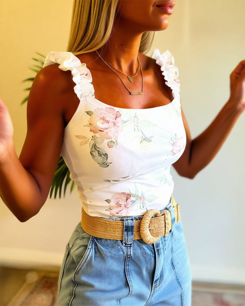 Watercolor Floral Print U-Neck Ruffles Straps Tank Slim Fit Backless Cami Top - Image 3
